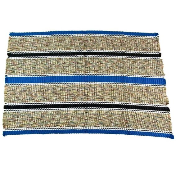 Hand Woven Throw‎ Rug 36x24 Blue Black Stripe Chindi Rag Reversible Fringe - Picture 1 of 7